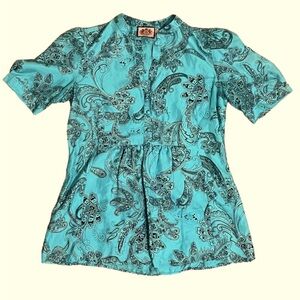 SALE 2/$12 Juicy Couture Top Size 0 Blue Paisley Blouse Short Sleeve Silk Shirt
